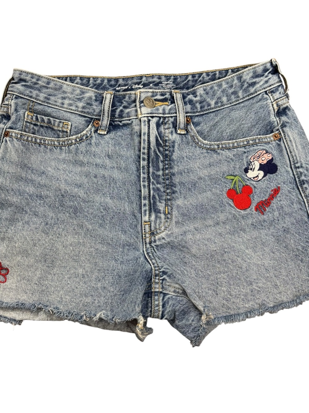 Old Navy X Disney Minnie Mouse Denim High Rise Shorts Raw Hem Embroidered Size 4